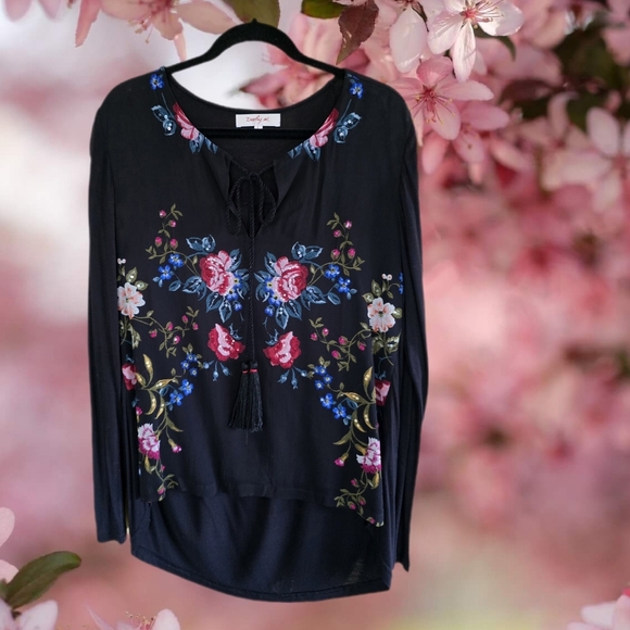 Elegant René Derhy Embellished Hi-Low Floral Evening Blouse Boho Chic - Picture 1 of 6